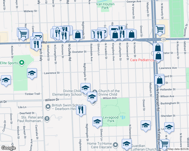 map of restaurants, bars, coffee shops, grocery stores, and more near 1620 Robindale Avenue in Dearborn