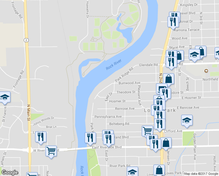 map of restaurants, bars, coffee shops, grocery stores, and more near 6323 Park Ridge Road in Loves Park