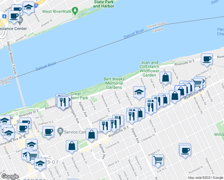 map of restaurants, bars, coffee shops, grocery stores, and more near 889 Riverside Drive East in Windsor