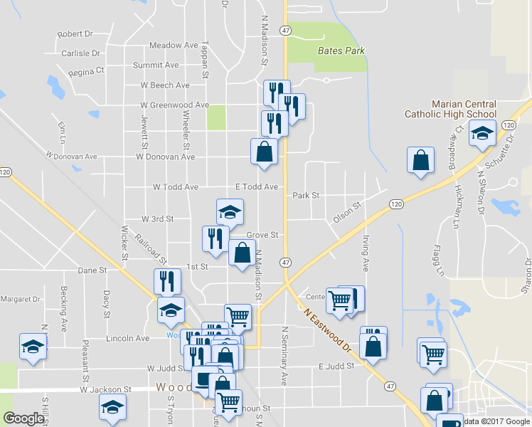 map of restaurants, bars, coffee shops, grocery stores, and more near 828 North Madison Street in Woodstock