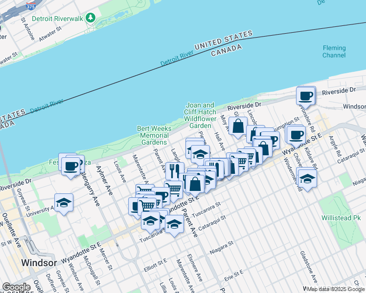 map of restaurants, bars, coffee shops, grocery stores, and more near 1049 Chatham Street East in Windsor