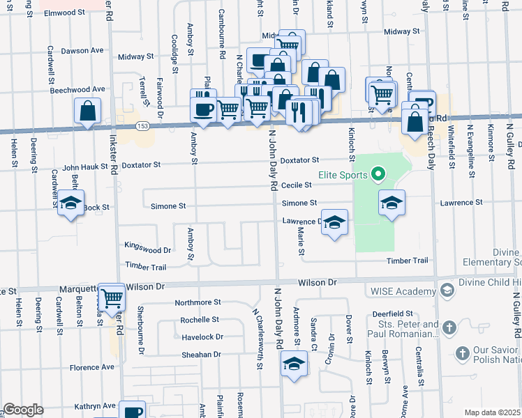 map of restaurants, bars, coffee shops, grocery stores, and more near 26639 Simone Street in Dearborn Heights