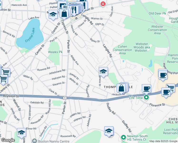 map of restaurants, bars, coffee shops, grocery stores, and more near 48 Bow Road in Newton