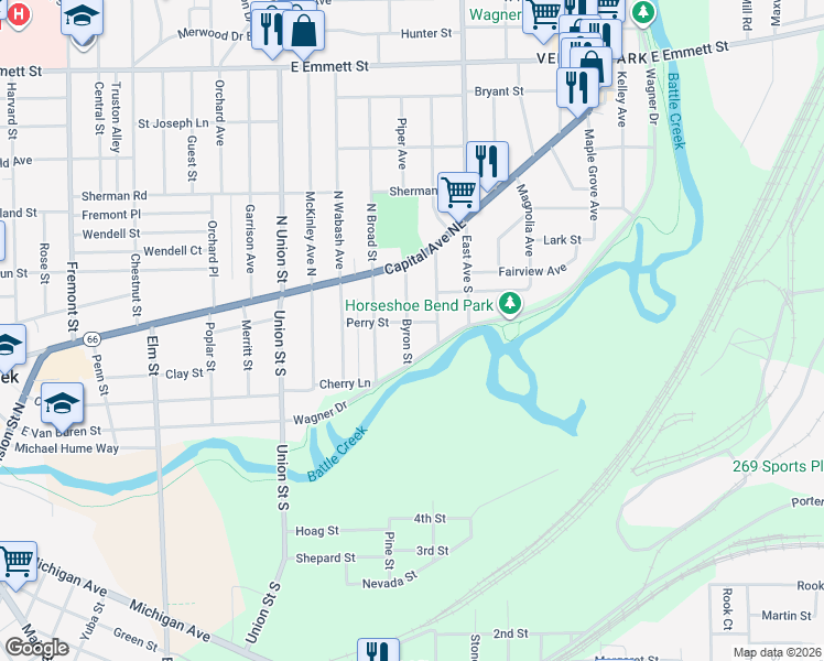 map of restaurants, bars, coffee shops, grocery stores, and more near 65 Byron Street in Battle Creek