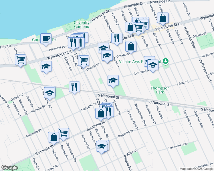 map of restaurants, bars, coffee shops, grocery stores, and more near 1050 Dawson Road in Windsor