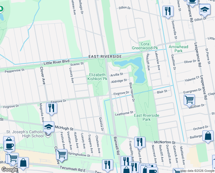 map of restaurants, bars, coffee shops, grocery stores, and more near 1675 Banwell Road in Windsor