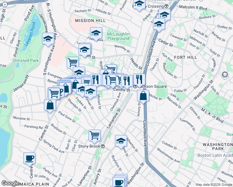 map of restaurants, bars, coffee shops, grocery stores, and more near 5 Wyman Street in Boston