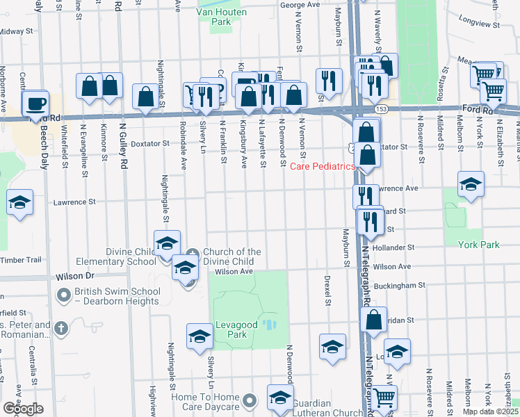 map of restaurants, bars, coffee shops, grocery stores, and more near 1609 North Lafayette Street in Dearborn