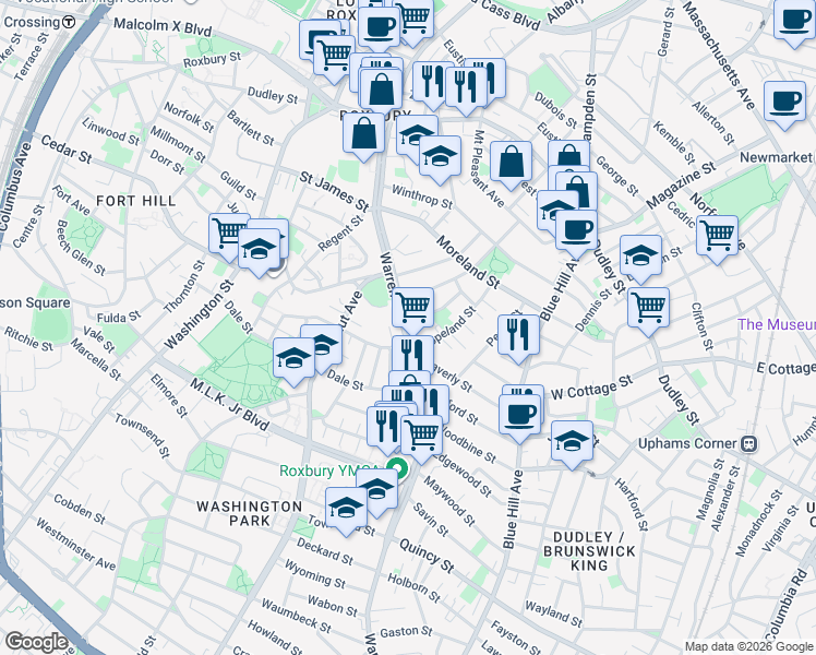 map of restaurants, bars, coffee shops, grocery stores, and more near 242 Warren Street in Boston