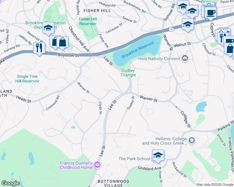 map of restaurants, bars, coffee shops, grocery stores, and more near 372 Warren Street in Brookline