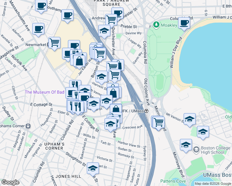 map of restaurants, bars, coffee shops, grocery stores, and more near 834 Dorchester Avenue in Boston