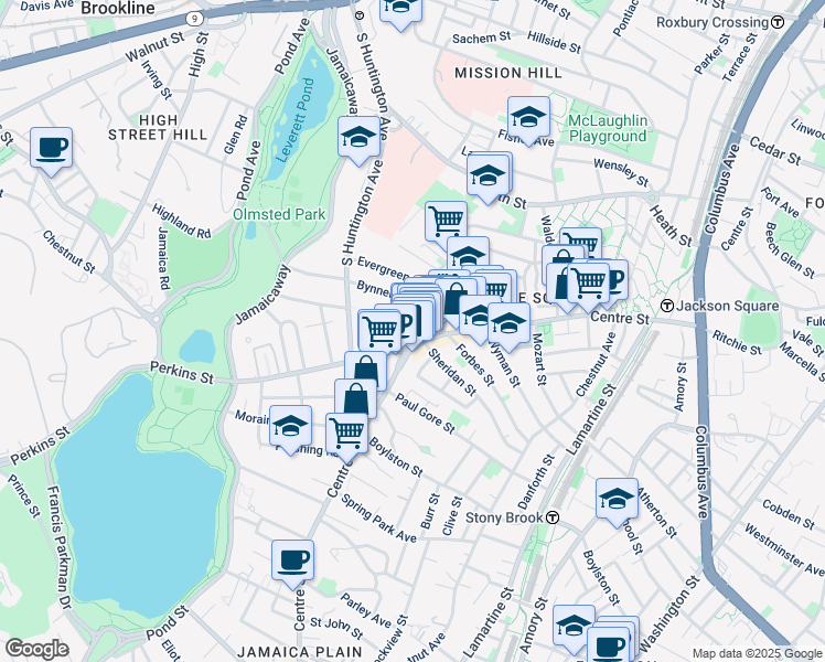 map of restaurants, bars, coffee shops, grocery stores, and more near 386-386A Centre Street in Boston