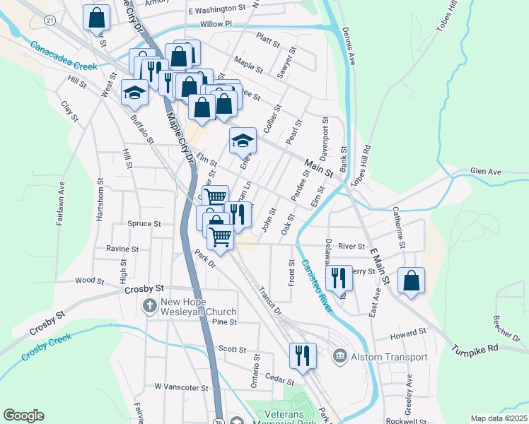 map of restaurants, bars, coffee shops, grocery stores, and more near 47 John Street in Hornell