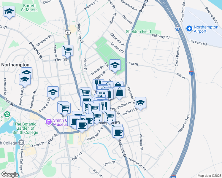 map of restaurants, bars, coffee shops, grocery stores, and more near 39 Graves Avenue in Northampton