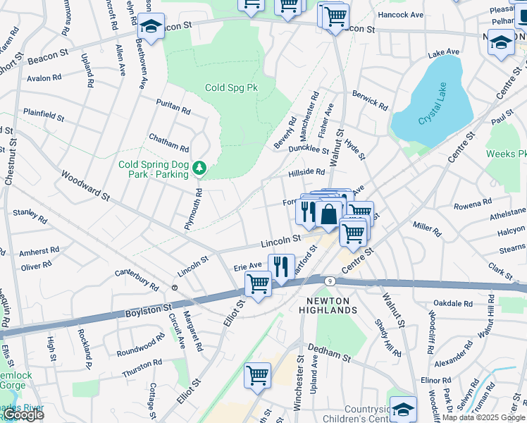 map of restaurants, bars, coffee shops, grocery stores, and more near 39 Bowdoin Street in Newton