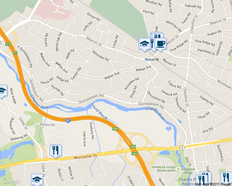 map of restaurants, bars, coffee shops, grocery stores, and more near 137 Annawan Road in Newton