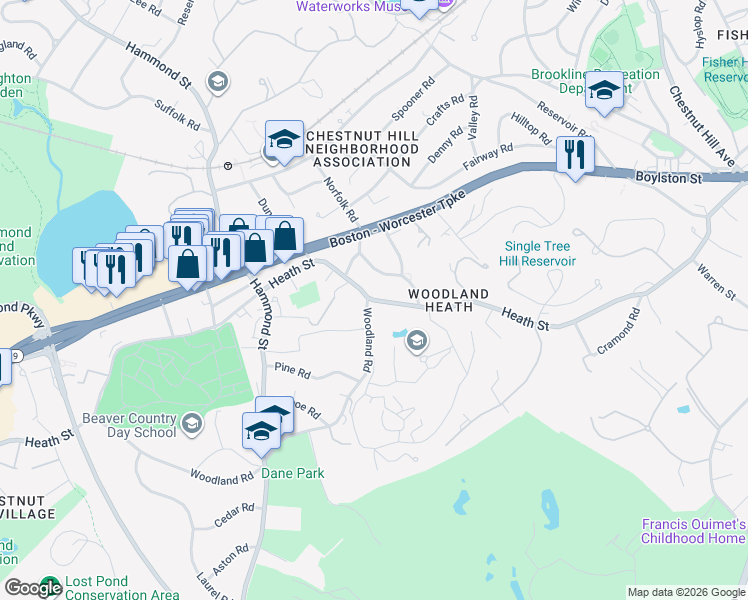 map of restaurants, bars, coffee shops, grocery stores, and more near 400 Heath Street in Brookline