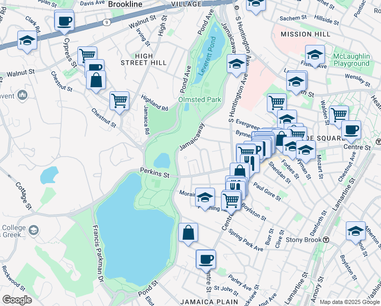 map of restaurants, bars, coffee shops, grocery stores, and more near 69 Parkton Road in Boston