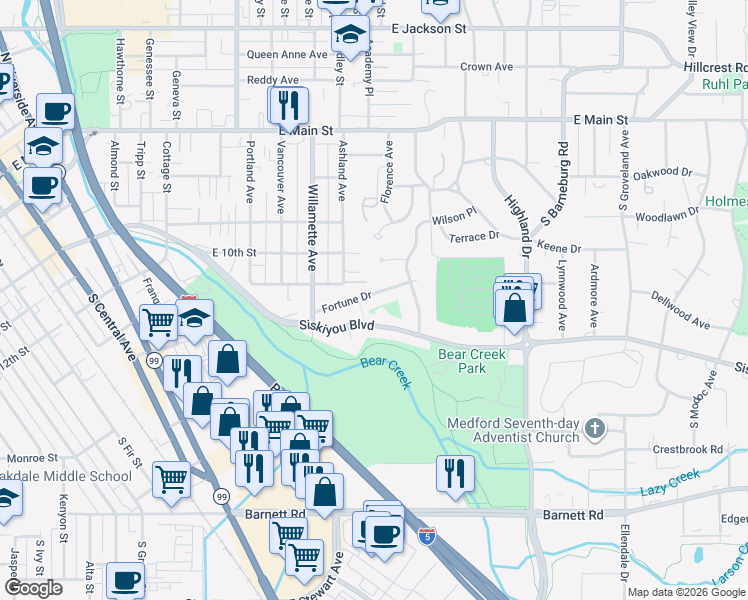 map of restaurants, bars, coffee shops, grocery stores, and more near 1356 Fortune Drive in Medford