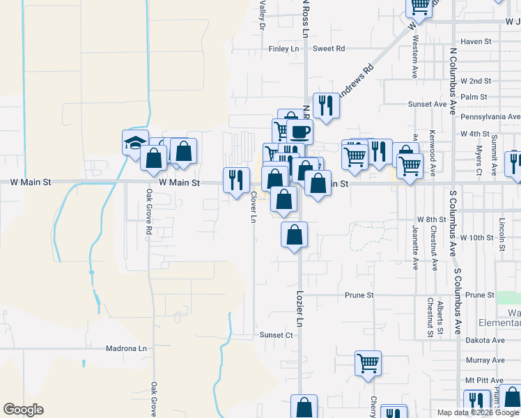 map of restaurants, bars, coffee shops, grocery stores, and more near 86 Clover Lane in Medford