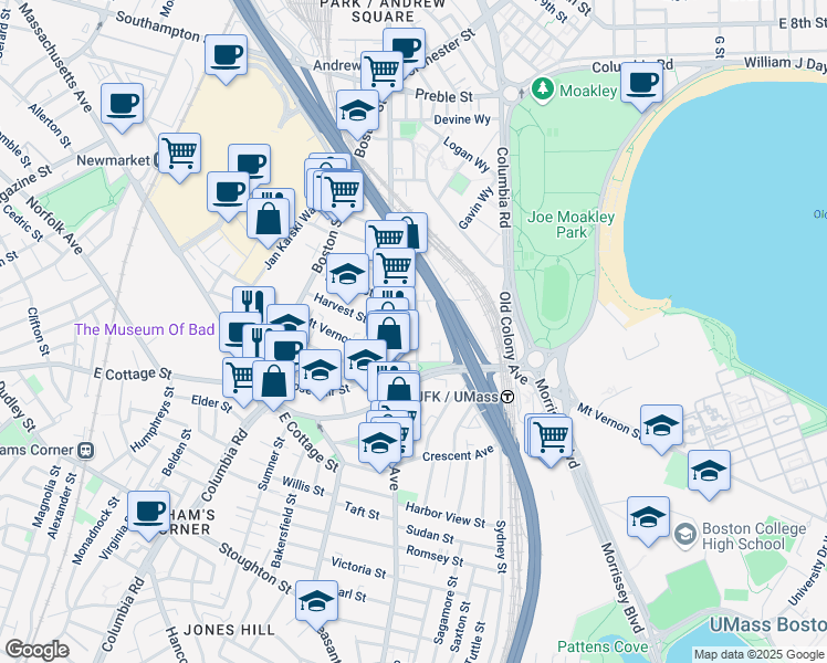 map of restaurants, bars, coffee shops, grocery stores, and more near 834 Dorchester Avenue in Boston