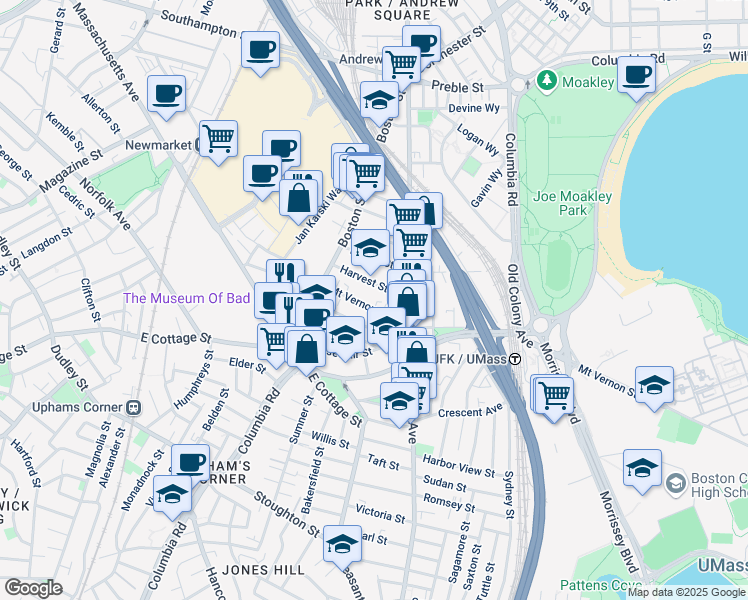 map of restaurants, bars, coffee shops, grocery stores, and more near 20 Mount Vernon Street in Boston