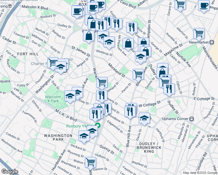 map of restaurants, bars, coffee shops, grocery stores, and more near 42 Copeland Street in Boston