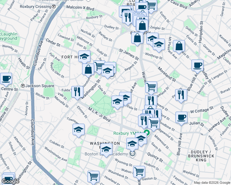 map of restaurants, bars, coffee shops, grocery stores, and more near 79 Wakullah Street in Boston