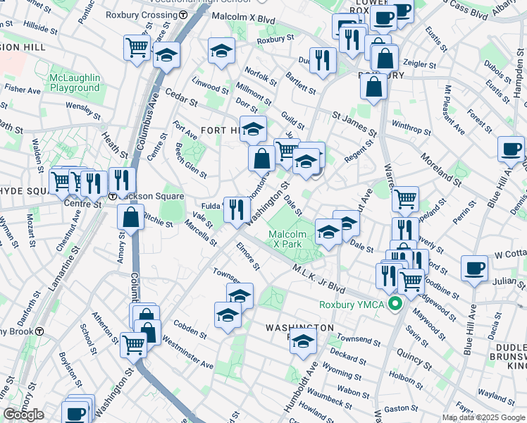 map of restaurants, bars, coffee shops, grocery stores, and more near 2757 Washington Street in Boston