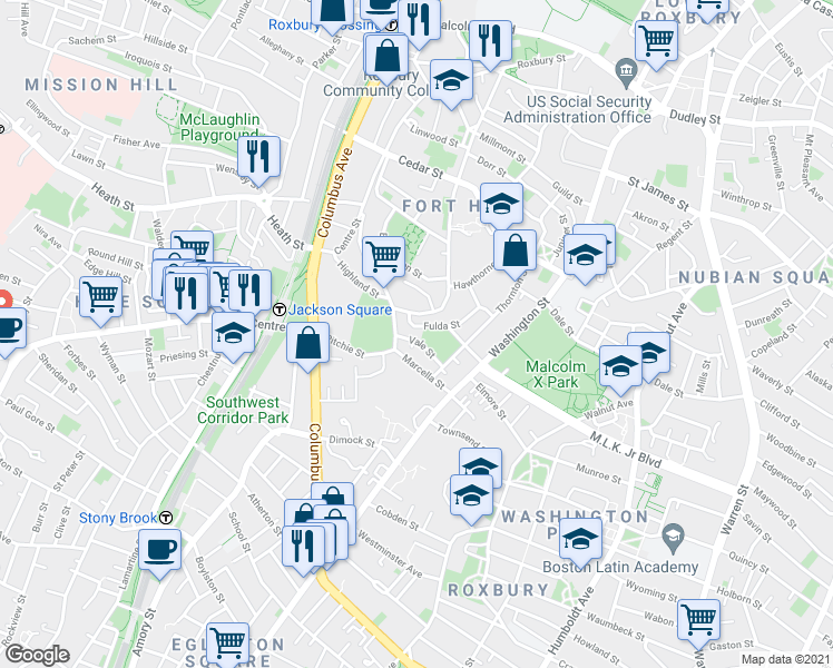 map of restaurants, bars, coffee shops, grocery stores, and more near 45 Fulda Street in Boston