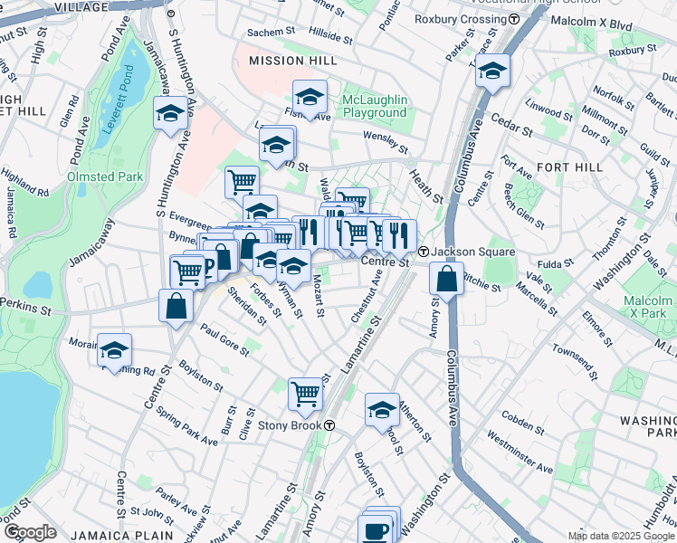 map of restaurants, bars, coffee shops, grocery stores, and more near 10 Mozart Street in Boston