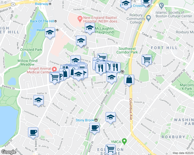 map of restaurants, bars, coffee shops, grocery stores, and more near 10 Mozart Street in Boston