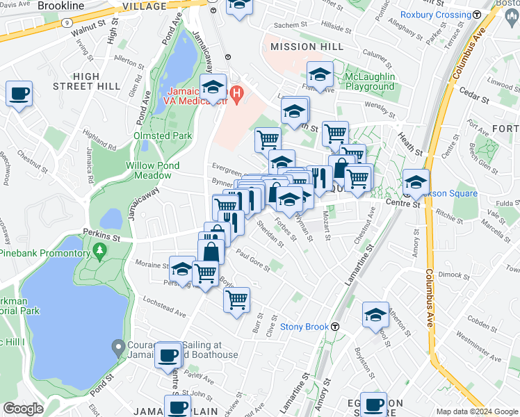 map of restaurants, bars, coffee shops, grocery stores, and more near 386-386A Centre Street in Boston
