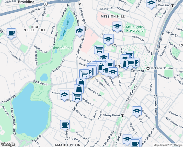 map of restaurants, bars, coffee shops, grocery stores, and more near 386-386A Centre Street in Boston