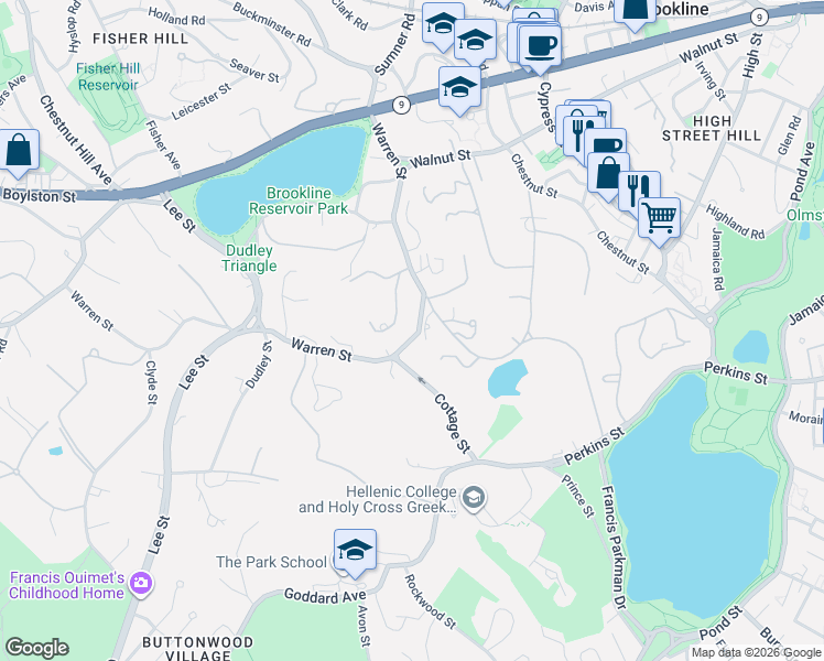 map of restaurants, bars, coffee shops, grocery stores, and more near 185 Warren Street in Brookline