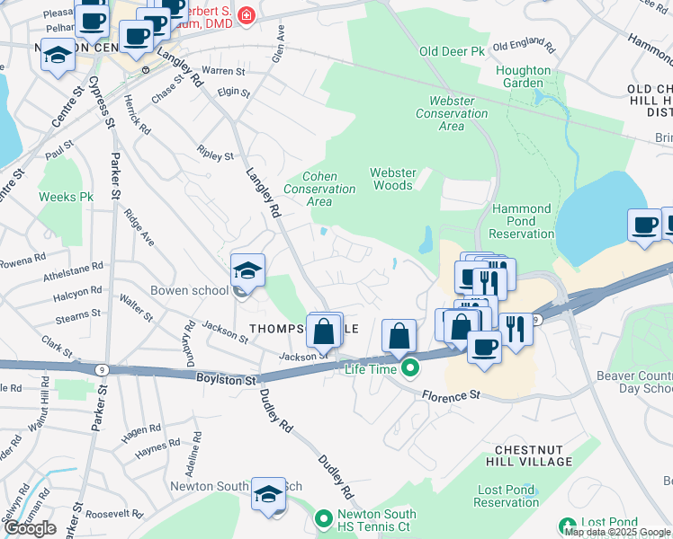 map of restaurants, bars, coffee shops, grocery stores, and more near 15 Hamlet Street in Newton