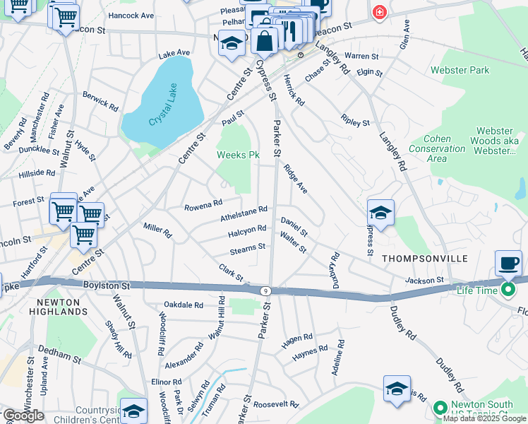 map of restaurants, bars, coffee shops, grocery stores, and more near 141 Parker Street in Newton