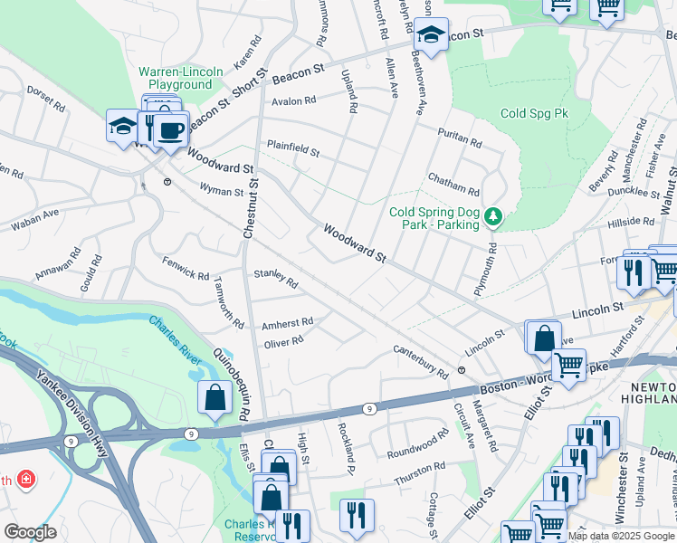 map of restaurants, bars, coffee shops, grocery stores, and more near 50 Farlow Road in Newton