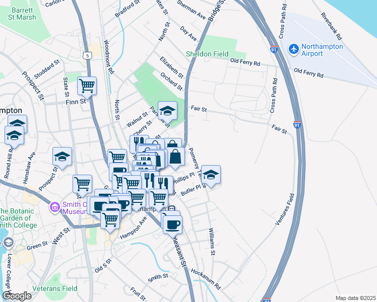 map of restaurants, bars, coffee shops, grocery stores, and more near 87 Bridge Street in Northampton