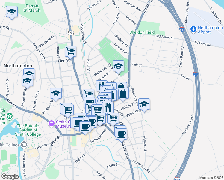 map of restaurants, bars, coffee shops, grocery stores, and more near 39 Graves Avenue in Northampton