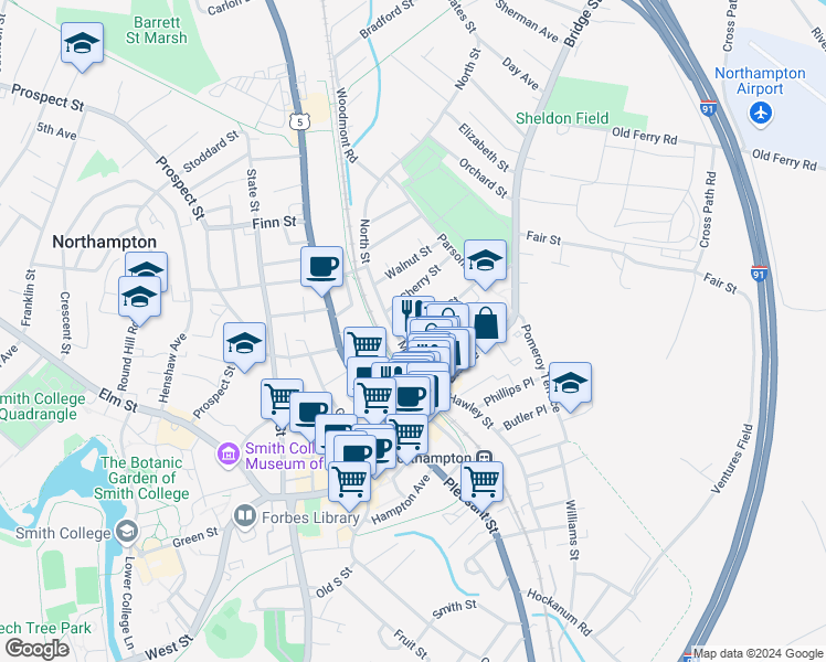 map of restaurants, bars, coffee shops, grocery stores, and more near 25 Union Street in Northampton