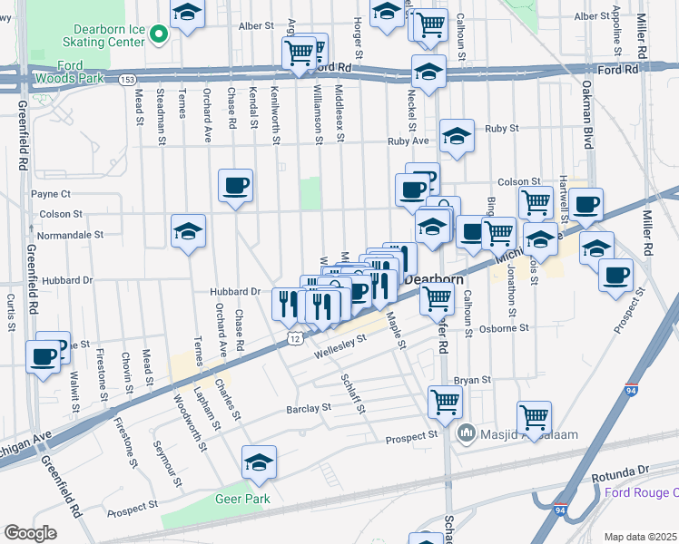 map of restaurants, bars, coffee shops, grocery stores, and more near 4720 Williamson Street in Dearborn