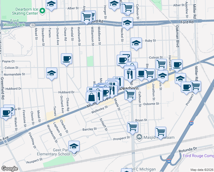 map of restaurants, bars, coffee shops, grocery stores, and more near 4837 Horger Street in Dearborn