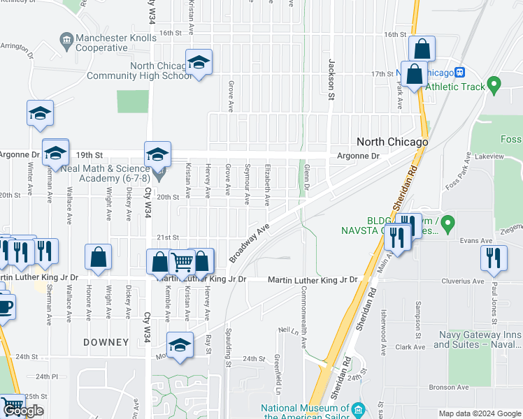 map of restaurants, bars, coffee shops, grocery stores, and more near 2012 Elizabeth Avenue in North Chicago