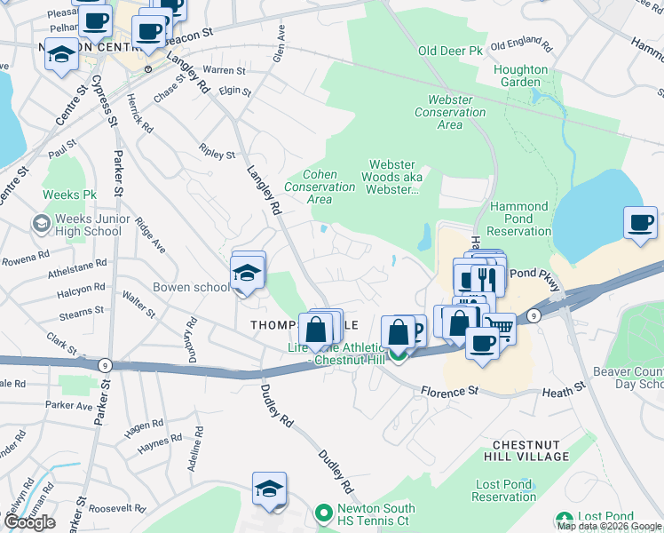 map of restaurants, bars, coffee shops, grocery stores, and more near 28 Beecher Place in Newton