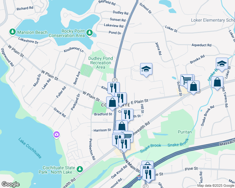 map of restaurants, bars, coffee shops, grocery stores, and more near 163 Main Street in Wayland