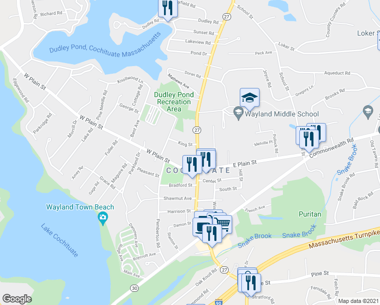 map of restaurants, bars, coffee shops, grocery stores, and more near 166 Main Street in Wayland