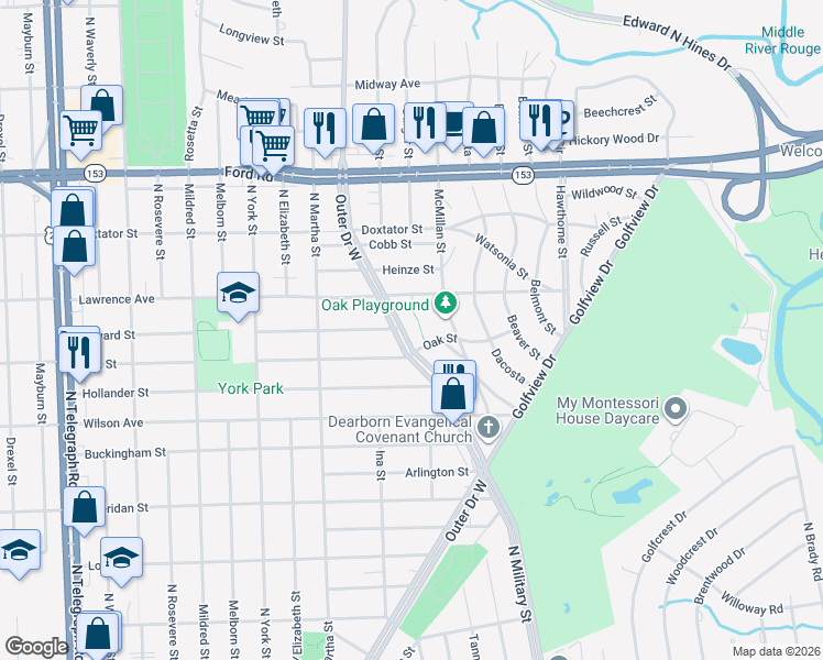 map of restaurants, bars, coffee shops, grocery stores, and more near 18291 West Outer Drive in Dearborn