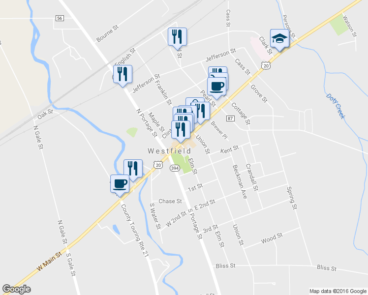 map of restaurants, bars, coffee shops, grocery stores, and more near 40 E Main St in Westfield