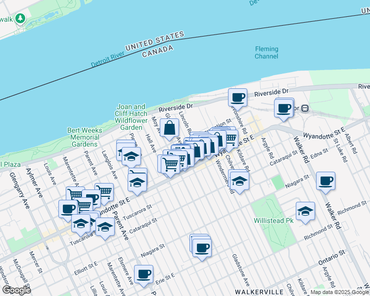 map of restaurants, bars, coffee shops, grocery stores, and more near 448 Gladstone Avenue in Windsor